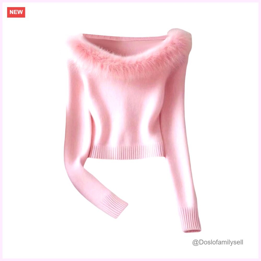 Faux Fur Knit Pullover Sweater Elegant Casual Long Sleeve Crop Top